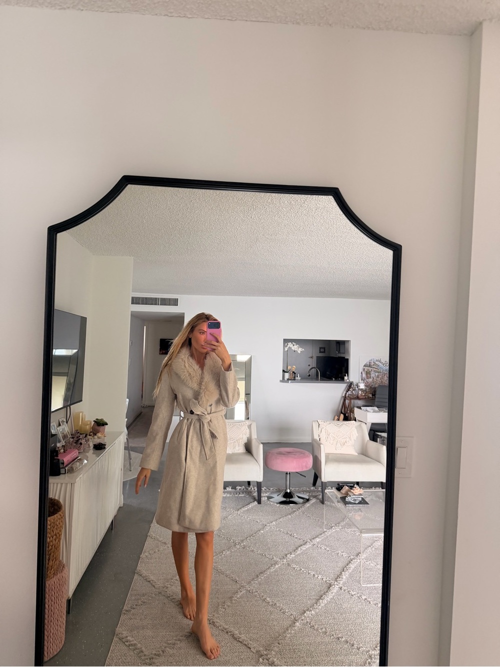 Windsor Light Beige Faux-Fur Hooded Trench Coat